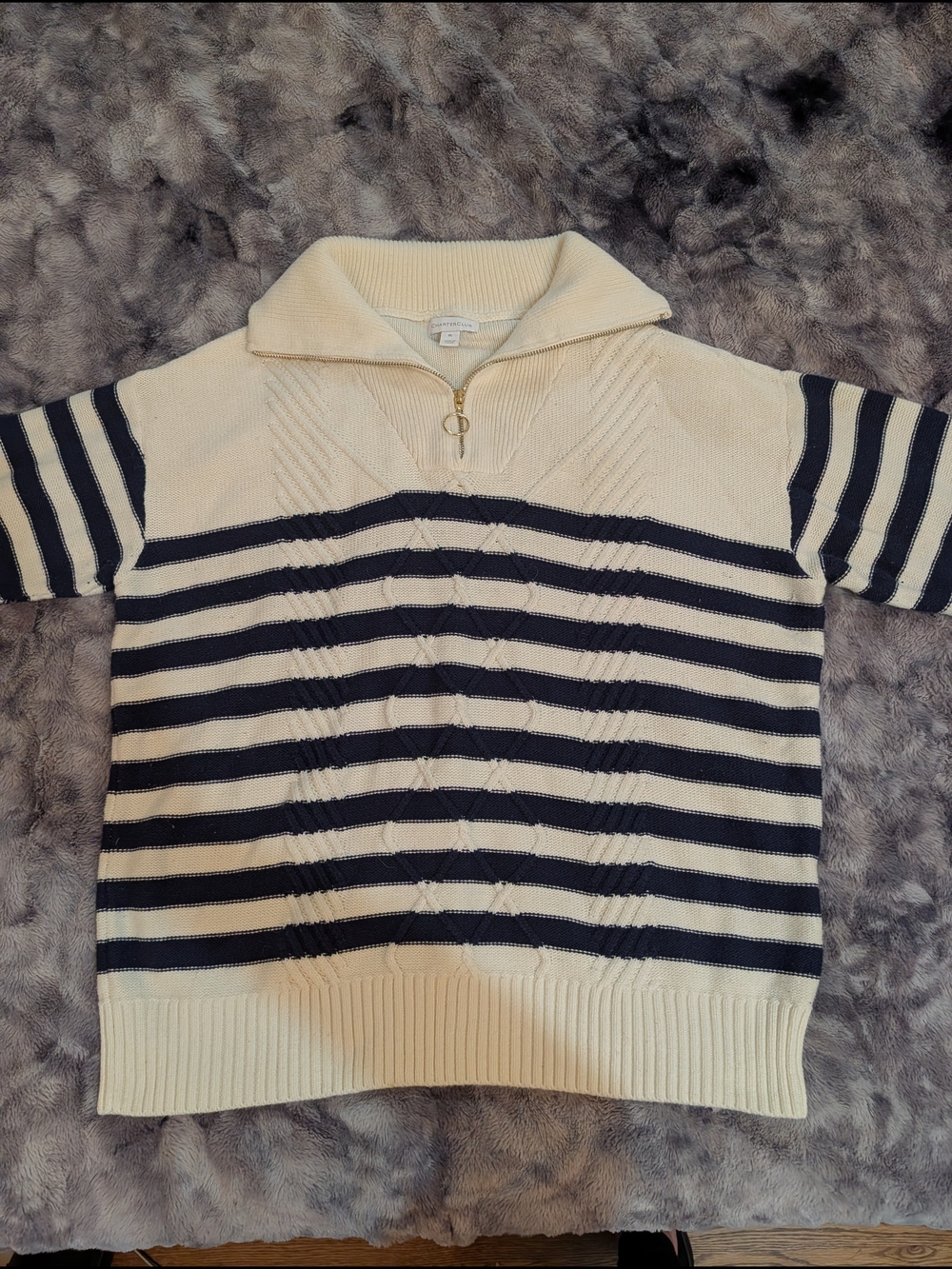 Charter Club Cream and Navy Striped Cowl-Neck Sweater